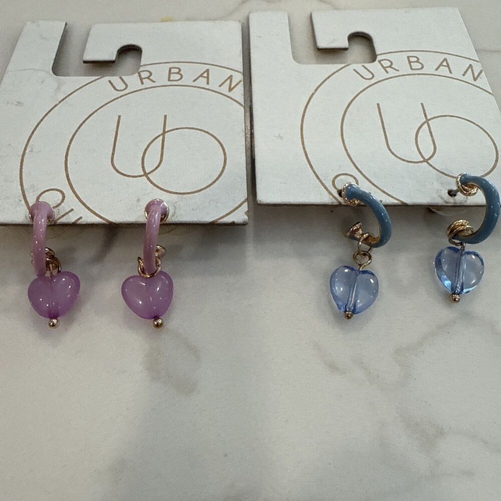 2 Sets Of Urban Outfitters Heart Earrings One Purple One Blue